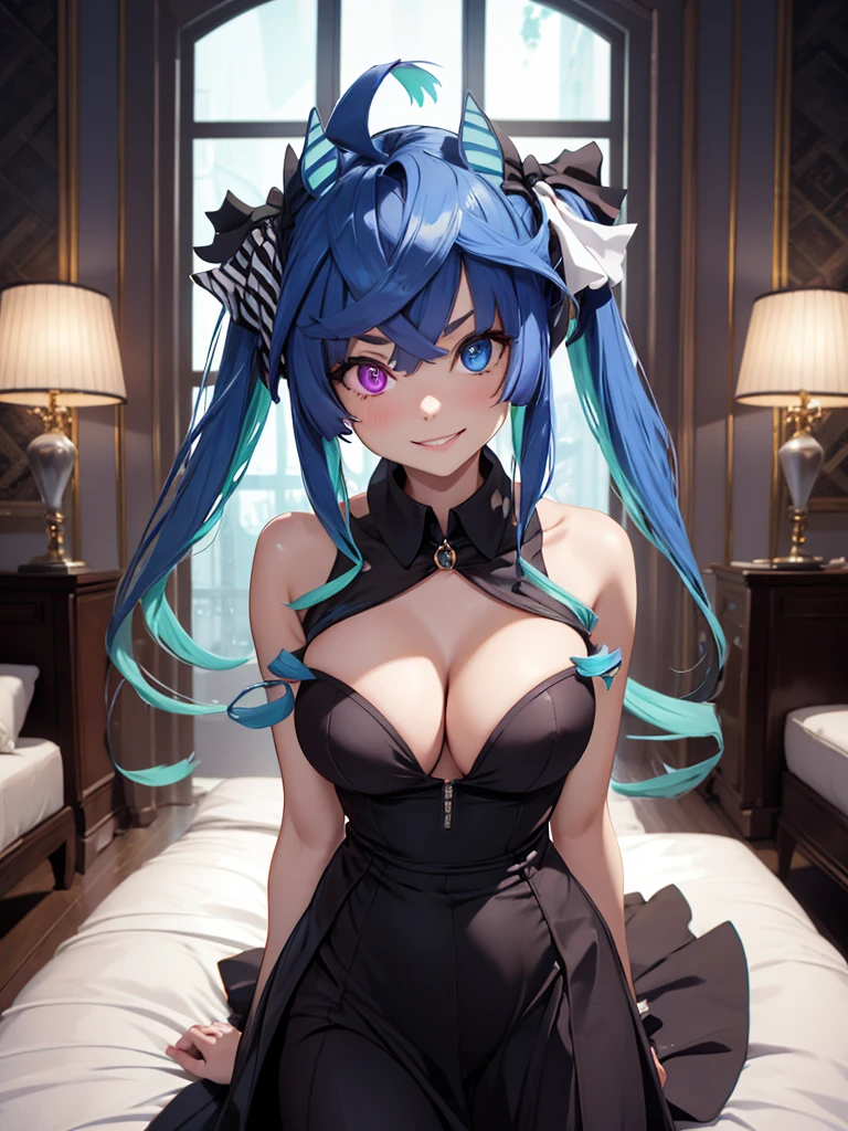 (masterpiece、top-quality、hight resolution)、((pov)), In a luxurious hotel room in an imaginary country, a call girl has just arrived. She stands at the door, dressed in seductive, provocative clothing that clearly marks her profession. The room is elegantly furnished with soft lighting, creating an intimate and inviting atmosphere. The call girl has a perfect, seemingly genuine smile on her face, though it is clear her job is to appear pleasing. She is the only person in the room, adding to the sense of privacy and exclusivity. The overall scene exudes a blend of luxury, seduction, and professional charm. nsfw, breast focus, Twin_Turbo_Umamusume, aqua hair, twintails, heterochromia, purple eyes, blue eyes, sharp teeth,