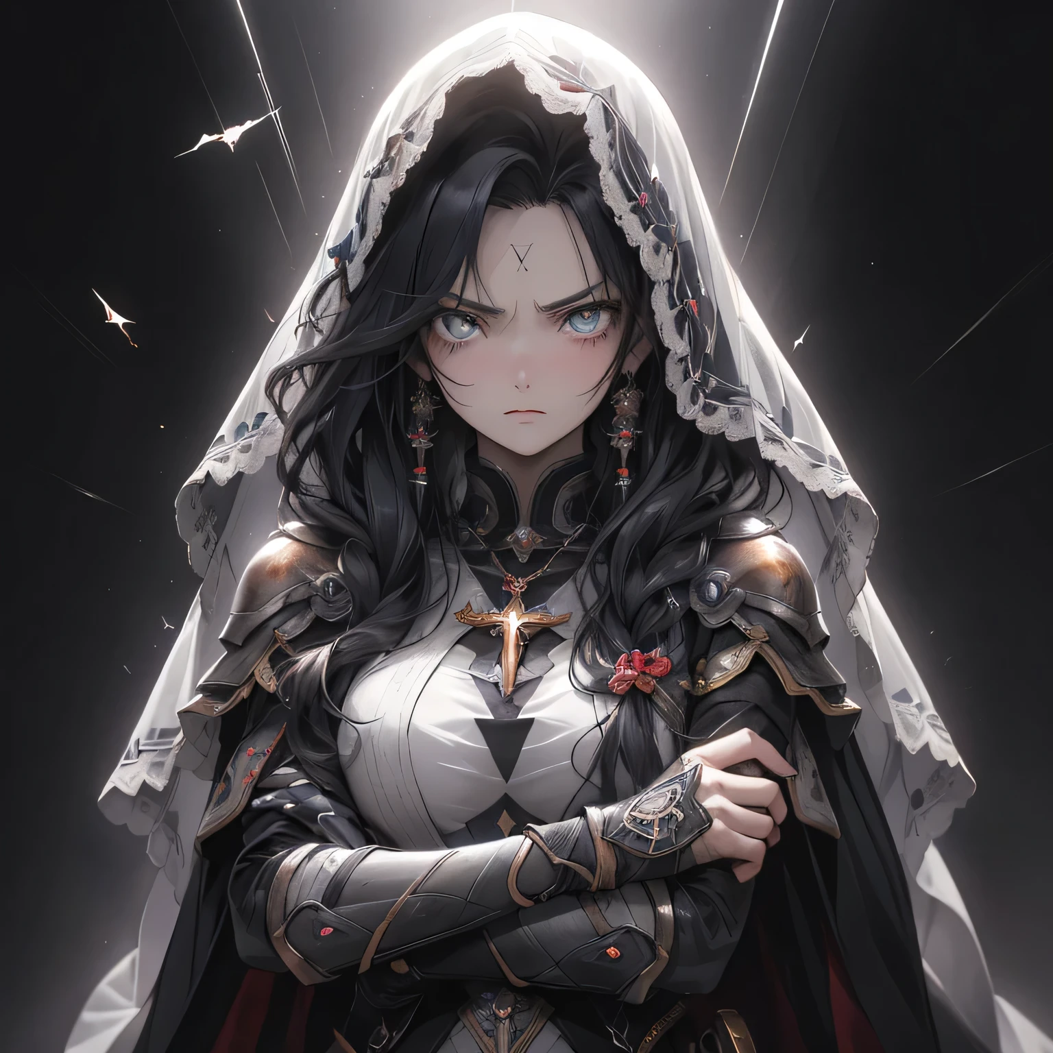 (((Obra maestra, La mejor calidad, ultrahigh resolution))), 1girl, deep in thought, seated, (long black hair with strands emerging from veil), pale complexion, (expressive, brooding amber eyes), glowing eyes, (((ultra detailed face with chiseled features, tight jawline, mostly covered by veil:0.9))), (centered), close up, facing viewer, (((indoor, dimly lit room, focusing on mysterious figure thunderstorm outside, shadows:0.9))), regular breasts, lost in thought, (((distressed expression:0.6))), ((rough hands, with veil covering some part, homely facets, ((black:0.6))))), (head, upper torso, and crossed legs visible), ((crossed arms, with one fist clenched tightly under chin))), long, dark vestment, (broken, shattered sun worn as pendant around neck), five o'clock shadow, dark gauntlets, keeps loopstage, ((hands:1, elbows and depressingly dark quovadis martus six simple armor))), angular character design, gargantuan >>emotional<< eyes, contrasting background and robe, focus on character's face and costume details, ((hidden, delayed reveal of bottom half)),itori guisesus, 27 years old, (quizzical brows at Restcks), reserve, guilty, moody ((net -100 characters)))
