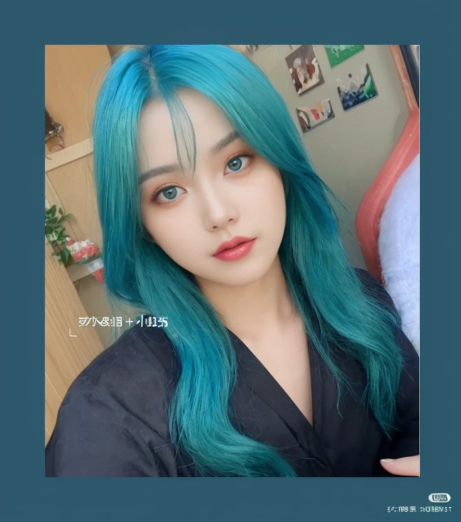8K high quality,1 woman,Blue green hair:1.5