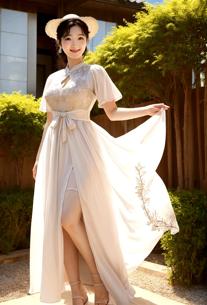 Lee Young-ae、Wearing a dress with a large opening that shows off her bodyline、Smile、whole body