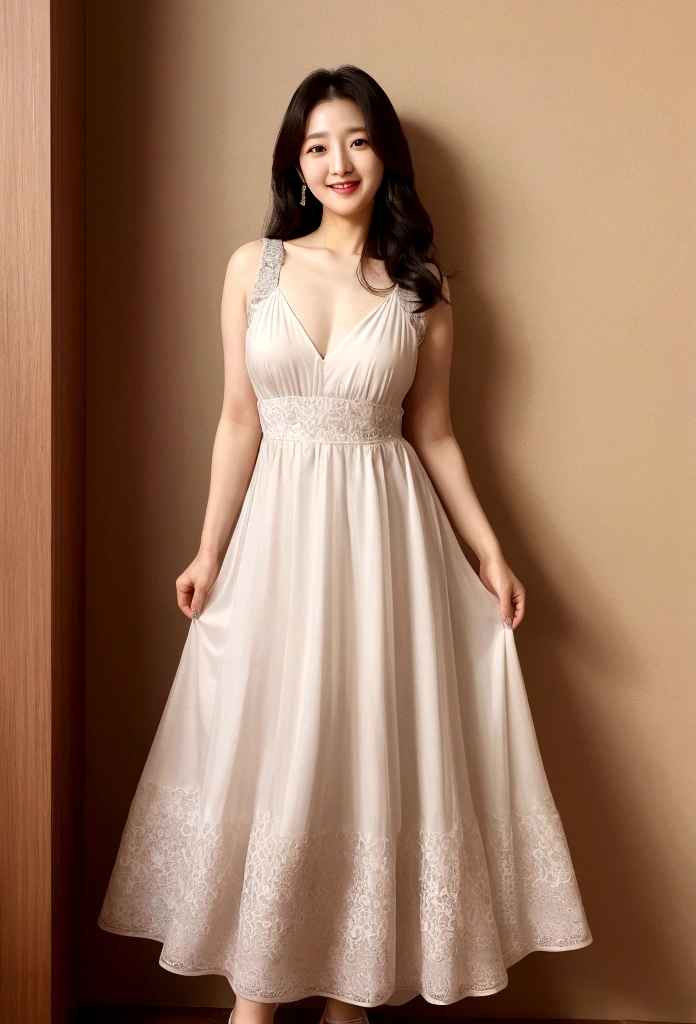 Lee Young-ae、Wearing a dress with a large opening that shows off her bodyline、Smile、whole body