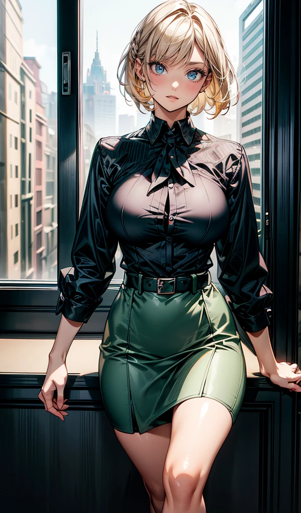 Please follow the all prompts below exactly and faithfully, This is a breathtaking masterpiece of digital illustration, with maximum resolution, UHD, 512K, 2160p, 10 million ppi, 300 million dpi, natural color tones, ultra sharp details, perfect outlines with contrast, ((smooth, soft and clearly and most realistic skin and hair texture)), most beautiful detailed eye features, perfect anatomically correct human body, beautiful background with depth, rule of thirds, depth of field, Maximize all element is used to its full potential to create the best digital illustrations, 1woman, sexy, 25years old, beautiful face sharp, elegant woman, Ultimate perfect body style, beautiful beautiful big breasts, Maximize upturned breasts, green eyes, shiny blonde hair, short hair, bob cut, (eyes visible through hair:1.3), glossy very thick lips, pink lipstick, smile:1.5, Business attire for adult women, office lady outfit, summer wear, tight skirt, no necktie, short-sleeved blouse, light fabric, professional look, elegant design, comfortable fit, pastel colors, minimal accessories, closed-toe shoes, breathable material, modern style, suitable for office environment, tailored fit, sleek silhouette, subtle patterns, lightweight jacket, stylish belt, practical pockets, mint green blouse, grey skirt, striped pattern, pearl accessories.