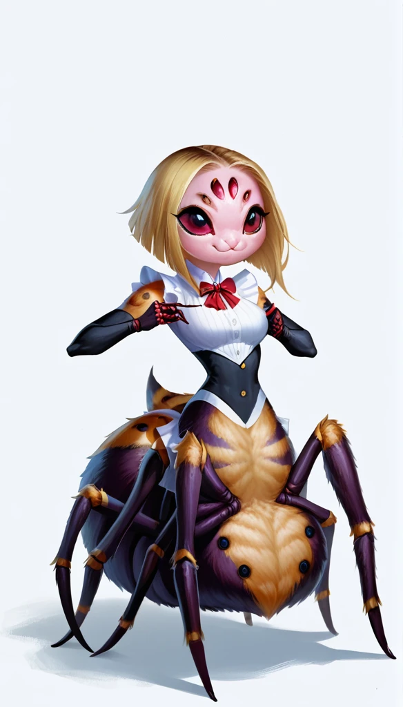 score_9_up, (clear simple background, white background, papyrus background), upper body, different views, 1girl,
 (spider girl, ((adult), anthro, (arachne), spider body, taur), solo, (female), (fullbody, curvey bode, cute face, focus), beautiful, (dressed)