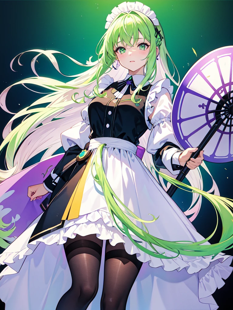 Hold a large shield as tall as you, watercolor画, （Gradient braided hair, (Ink blotches:1.1), (pale:1.2),(Light purple:1.2),(Light green:1.2)）and wearing a maid outfit 　Mature face,tall, Wearing black tights,Green Eyes, The skin is hidden　and 1 female, Nervous,Cowboy Shot, sketch (Character design sheet, same characters, whole body, Three-View, front, ~ ~ ~ side, return),(Very bright:1.1), White Background, [1 Girl:7], (Tilt your head:1.2), ([sketch|watercolor \(Moderate\)]:1.15),Chaotic Abstract Background, Vector Trace, Gradient Blending, Bright colors, that&#39;wonderful, Very detailed, Complex, (Very low contrast:1.4）