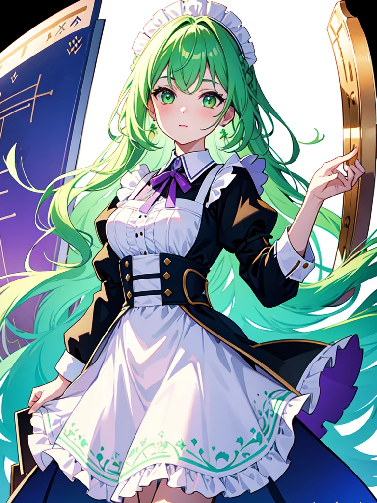 Hold a large shield as tall as you, watercolor画, （Gradient braided hair, (Ink blotches:1.1), (pale:1.2),(Light purple:1.2),(Light green:1.2)）and wearing a maid outfit 　Mature face,tall, Wearing black tights,Green Eyes, The skin is hidden　and 1 female, Nervous,Cowboy Shot, sketch (Character design sheet, same characters, whole body, Three-View, front, ~ ~ ~ side, return),(Very bright:1.1), White Background, [1 Girl:7], (Tilt your head:1.2), ([sketch|watercolor \(Moderate\)]:1.15),Chaotic Abstract Background, Vector Trace, Gradient Blending, Bright colors, that&#39;wonderful, Very detailed, Complex, (Very low contrast:1.4）