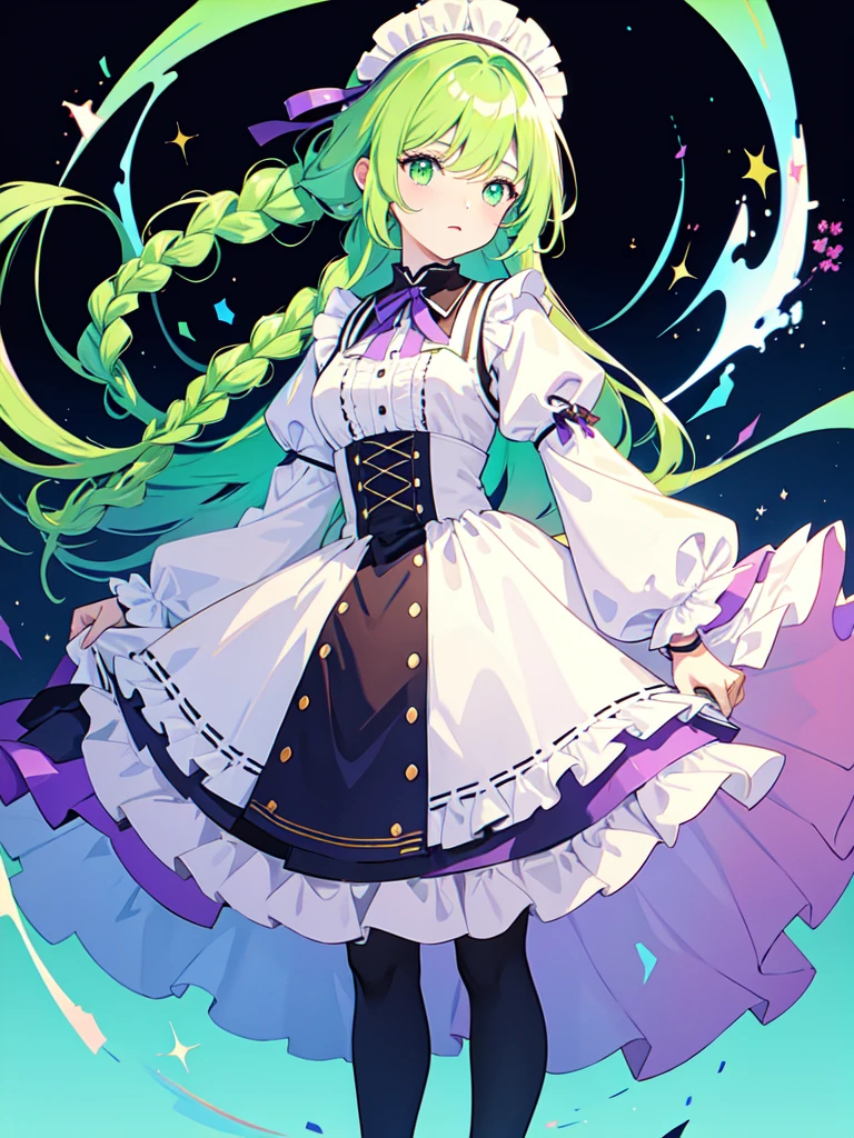 Hold a large shield as tall as you, watercolor画, （Gradient braided hair, (Ink blotches:1.1), (pale:1.2),(Light purple:1.2),(Light green:1.2)）and wearing a maid outfit 　Mature face,tall, Wearing black tights,Green Eyes, The skin is hidden　and 1 female, Nervous,Cowboy Shot, sketch (Character design sheet, same characters, whole body, Three-View, front, ~ ~ ~ side, return),(Very bright:1.1), White Background, [1 Girl:7], (Tilt your head:1.2), ([sketch|watercolor \(Moderate\)]:1.15),Chaotic Abstract Background, Vector Trace, Gradient Blending, Bright colors, that&#39;wonderful, Very detailed, Complex, (Very low contrast:1.4）