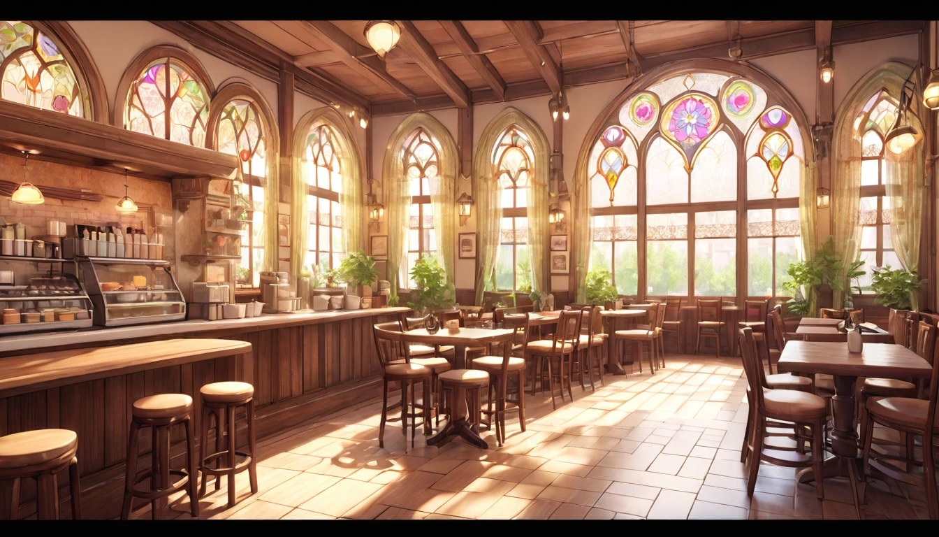 a charming cafe on a sunny afternoon, a few customers inside, detailed anime-style interior, soft lighting, warm atmosphere, beautiful stained glass windows, wooden furniture, cozy and inviting, detailed food and drinks, intricate patterns and textures, delicate lace curtains, gorgeous pastel color palette, photorealistic, (best quality,4k,8k,highres,masterpiece:1.2),ultra-detailed,(realistic,photorealistic,photo-realistic:1.37)