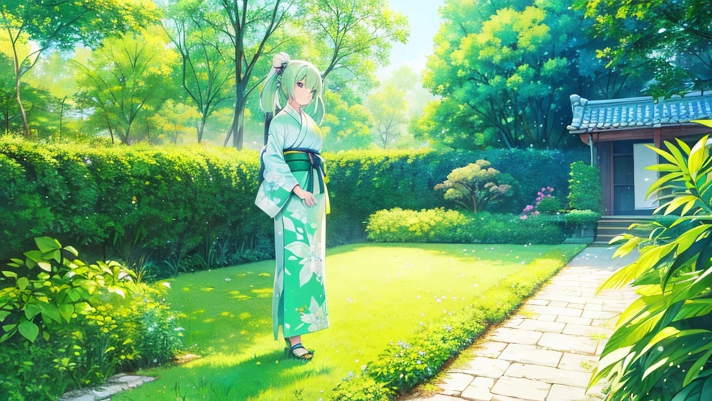 woman　clear　Light green hair　　kimono　　Anime Style　garden
