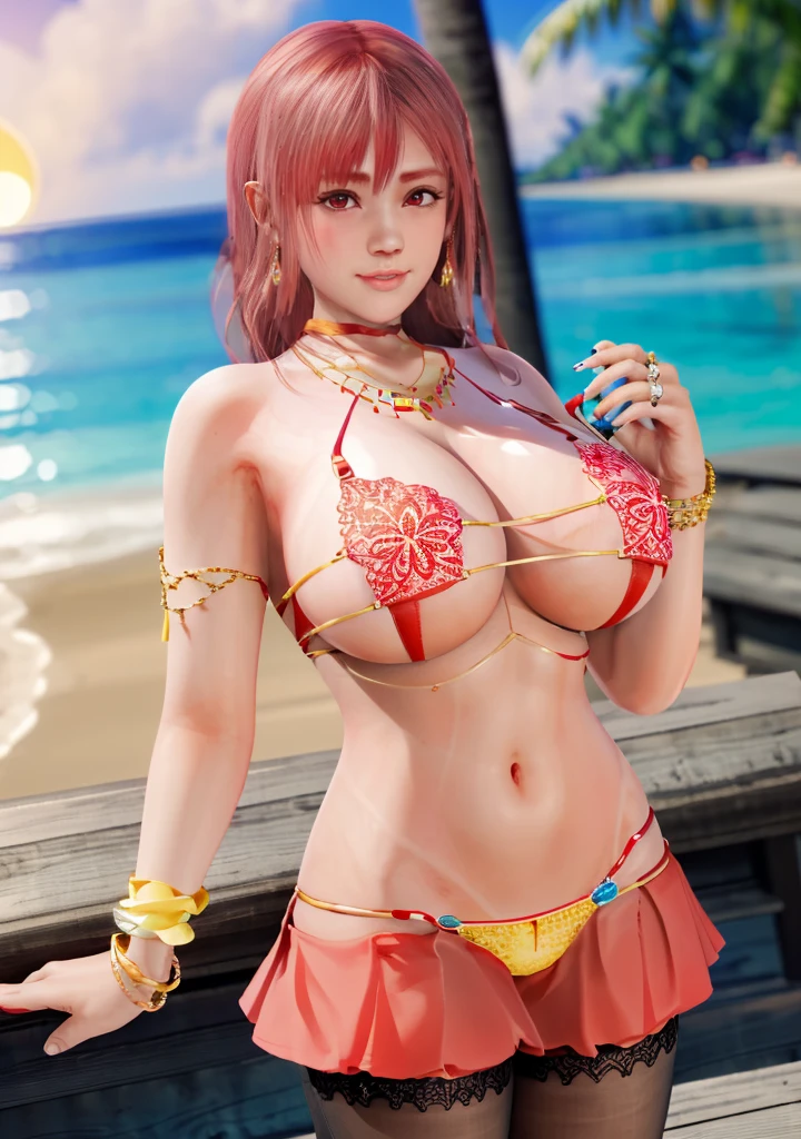 Honoka, Colorful bikini ，Super short pleated skirt, bracelet，ring, university student，Pink Hair，Huge breasts，Cleavage，Low-cut，miniskirt，pantyhose，cute，necklace，earrings，beach，drinks，lemon，Sunset，Lace，shy，Ice cream，orange juice，Tree，fruit，Red lips