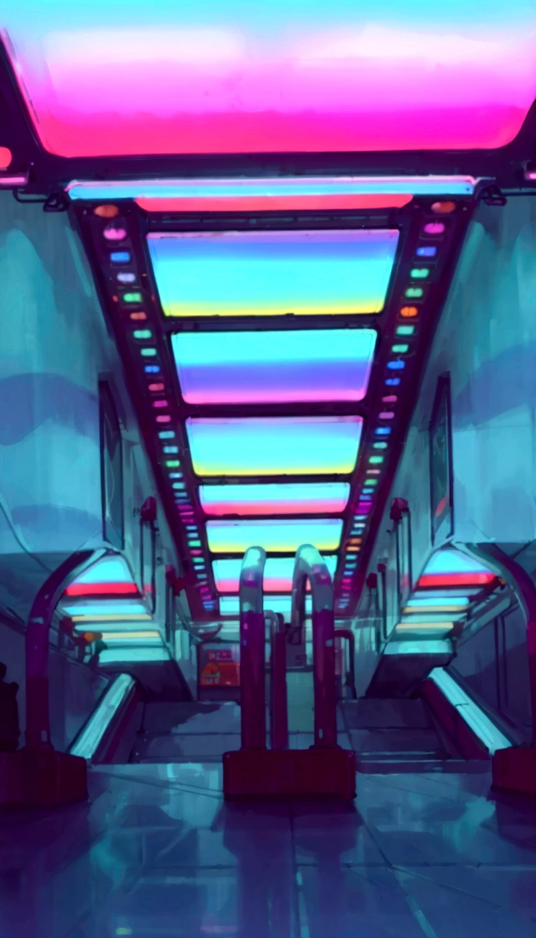 A customary display of colorful escalators in a subway station, Futuristic but colorful shading, Lined with neon tube lights, Colorful lighting, Vapor wave lights, Colorful lighting, Psychedelic lighting, Neon aesthetic, Colorful lighting, with neon lightts, neon light, The colorful cyberpunk colors are dreamy, colorized neon lightts, neon lightts, glowing lights!! Skiing - fi