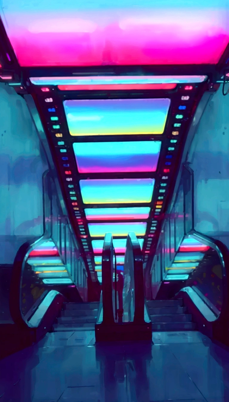 A customary display of colorful escalators in a subway station, Futuristic but colorful shading, Lined with neon tube lights, Colorful lighting, Vapor wave lights, Colorful lighting, Psychedelic lighting, Neon aesthetic, Colorful lighting, with neon lightts, neon light, The colorful cyberpunk colors are dreamy, colorized neon lightts, neon lightts, glowing lights!! Skiing - fi