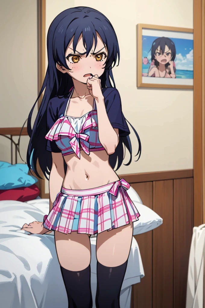 (masterpiece, best quality), 1girl,    umi sonoda,bikini,my room,angry,(((poor)))