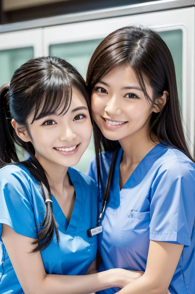 Dental hygienist, only two women Side by side, smiling, wearing medical scrubs, short sleeves, cute, Japanese, black hair, women in their early 20s Upper body close-up high resolution Highest quality Don't press your face too much