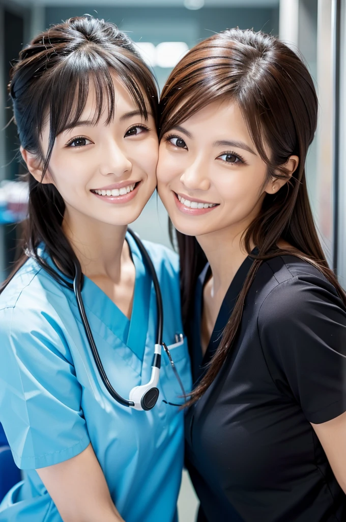 Dental hygienist, only two women　Side by side, smiling, wearing medical scrubs, short sleeves, cute, Japanese, black hair, women in their early 20s　Upper body close-up　high resolution　Highest quality　　Don&#39;t press your face too much