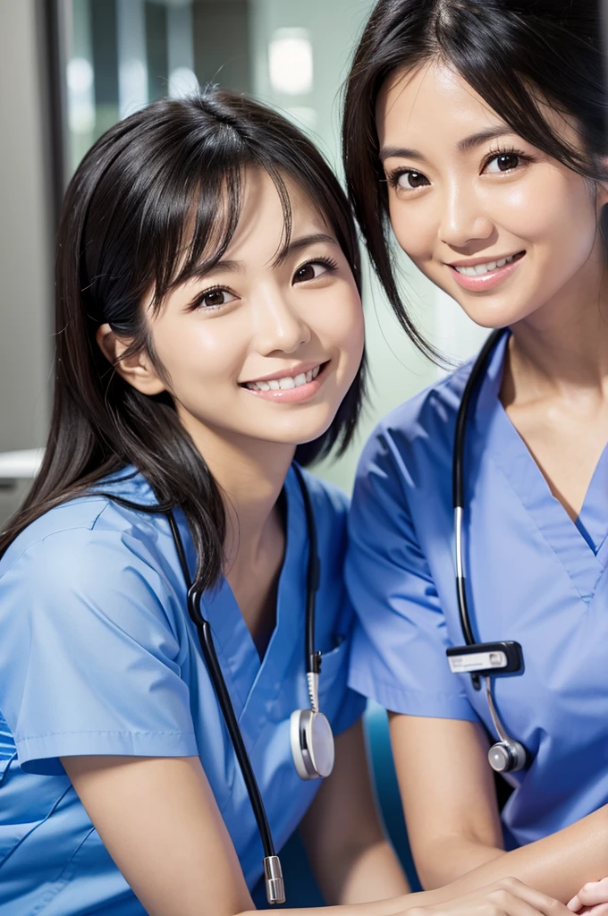 Dental hygienist, only two women　Side by side, smiling, wearing medical scrubs, short sleeves, cute, Japanese, black hair, women in their early 20s　Upper body close-up　high resolution　Highest quality　　Don&#39;t press your face too much