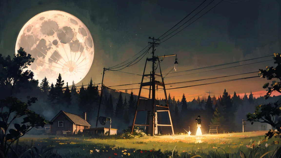 A detailed painting of a rusty, vintage robot watering a plant at night under a full moon. The scene is set in a tranquil, slightly eerie countryside with a small, old house and a distant antenna tower in the background. The robot, with glowing eyes, carefully tends to the plant, highlighting a contrast between technology and nature.