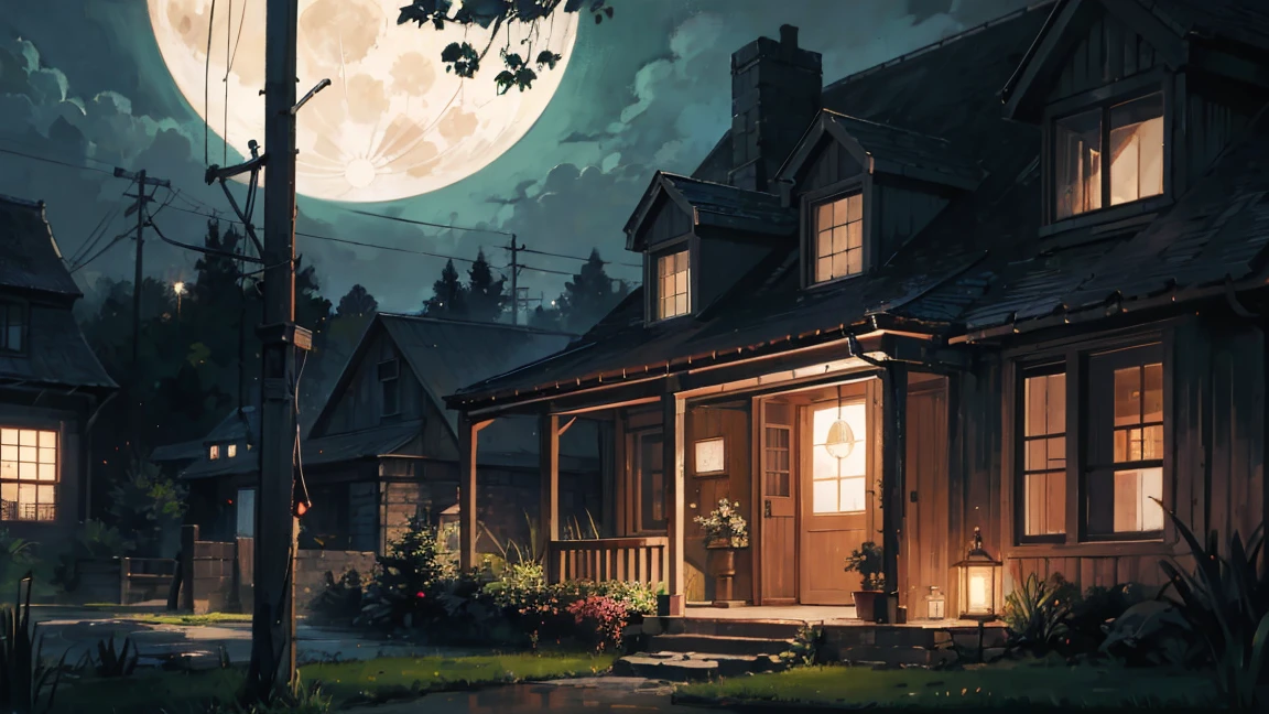 A detailed painting of a rusty, vintage robot watering a plant at night under a full moon. The scene is set in a tranquil, slightly eerie countryside with a small, old house and a distant antenna tower in the background. The robot, with glowing eyes, carefully tends to the plant, highlighting a contrast between technology and nature.