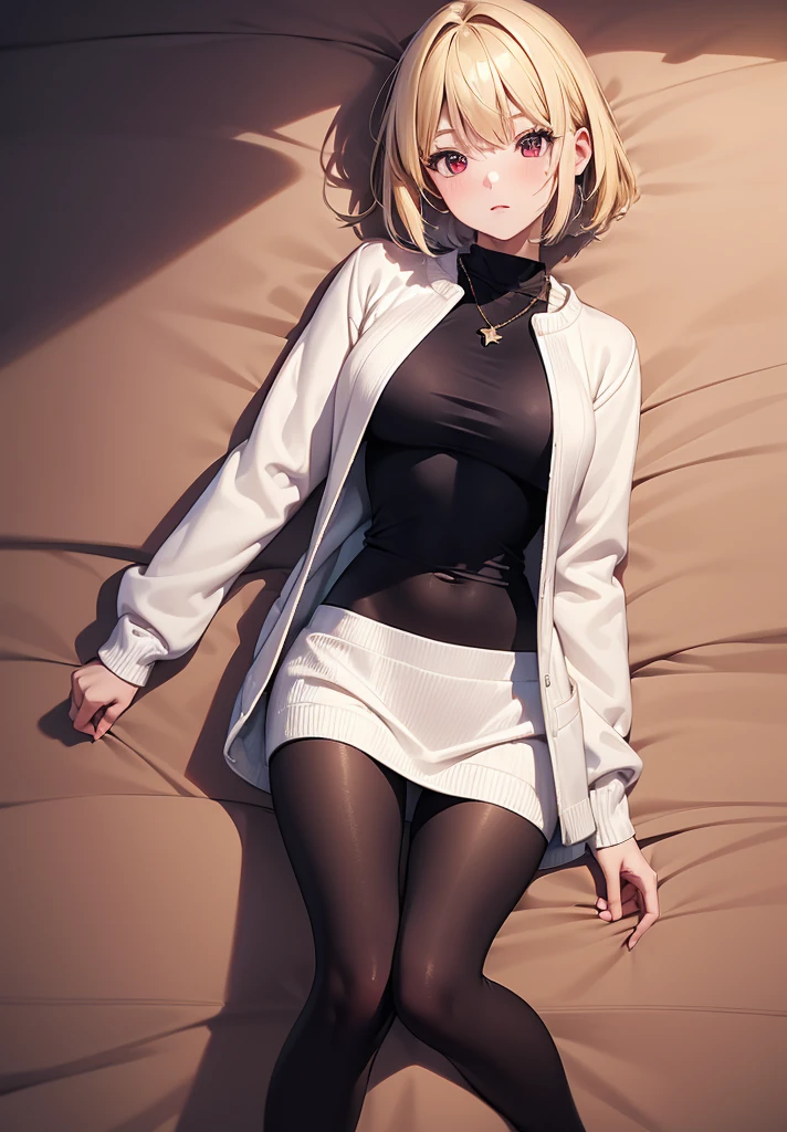 (masterpiece, best quality, 8k, highly detailed, highres, ultra-detailed, perfect eyes), 1girl, solo, arcueid, blonde hair, short hair, red eyes, sweater, white sweater, necklace, pleated skirt, blue skirt, leggings, (black leggings:1.2), boots, brown boots, dakimakura (medium)