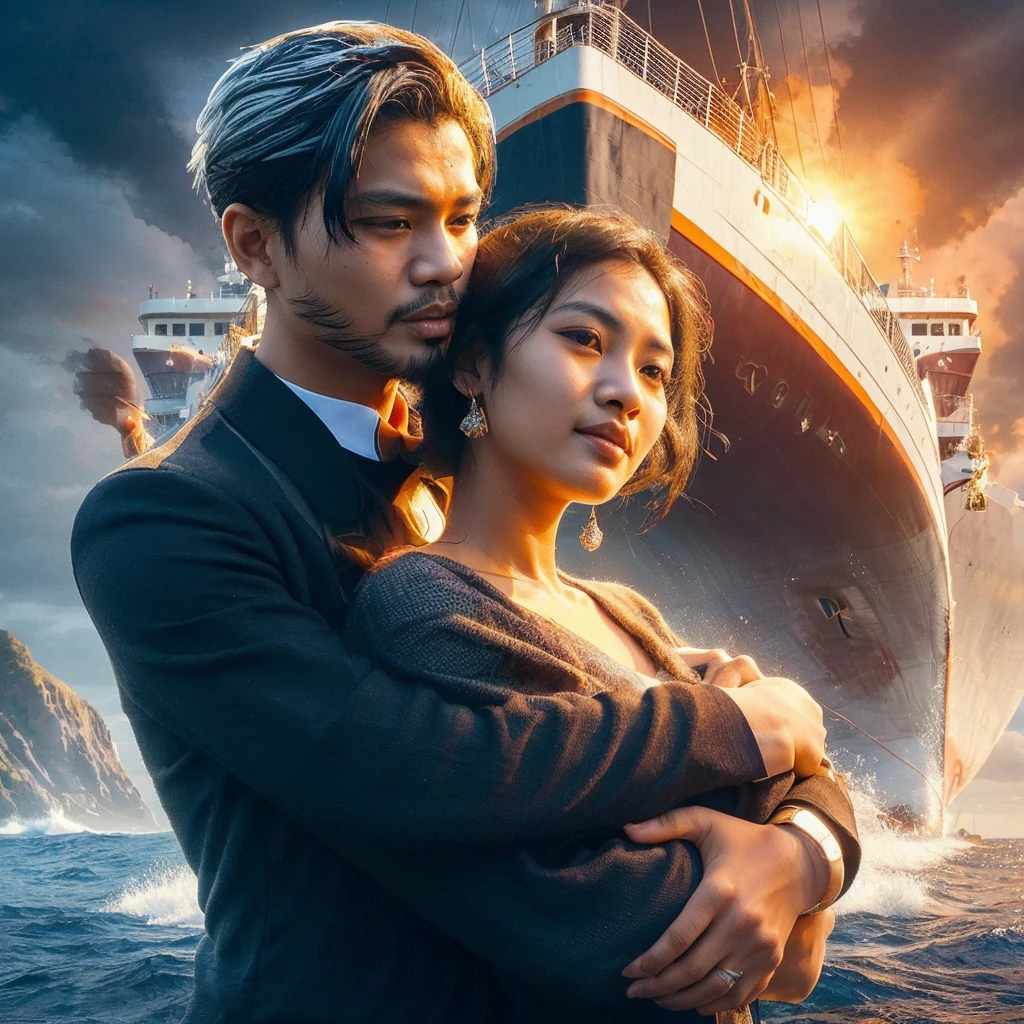 A handsome Indonesian man with black hair is hugging an Indonesian woman with black hair, In the background in the ocean there is a large ship