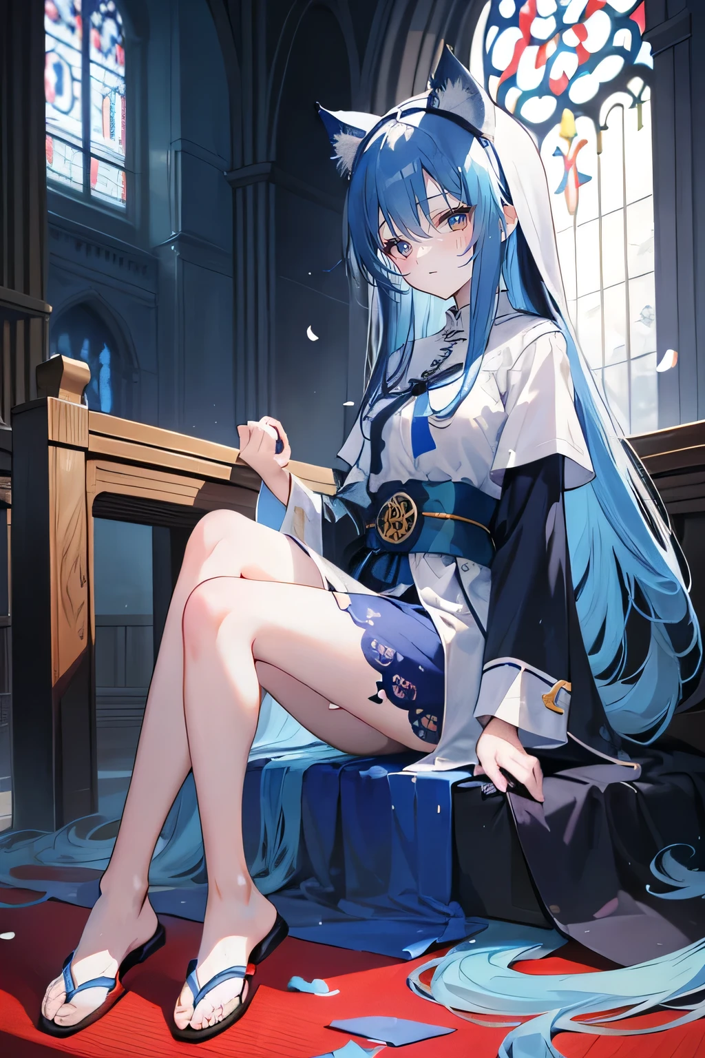 (masterpiece:1.2),Extremely detailed,Practical,expressive eyes,Fair skin,Perfect face shaping,1 Girl,
Japanese cartoons,Gorgeous blue hair, the long flowing blue hair,Floating clothes,Cat ears,Petals fall,beautiful lola,Young Angel,
Place your hands on your waist,sit elegantly on the ground,Cross your legs,Gentle and peaceful background,church,Nun's Clothes,back view,lie on the water,Large Breasts, H Cup, Good breasts, Place your hands on your waist,beautiful, Gorgeous,Japanese cartoons,girl,Lola,Hina Angel, Blue Hair, Blue Haired,Tent breasts, tent box, tent chest, Floating clothes,Grab your waist, Grab your waist, Hands on Hips , hands on hips,sit, sit on ground, Legs on the ground.