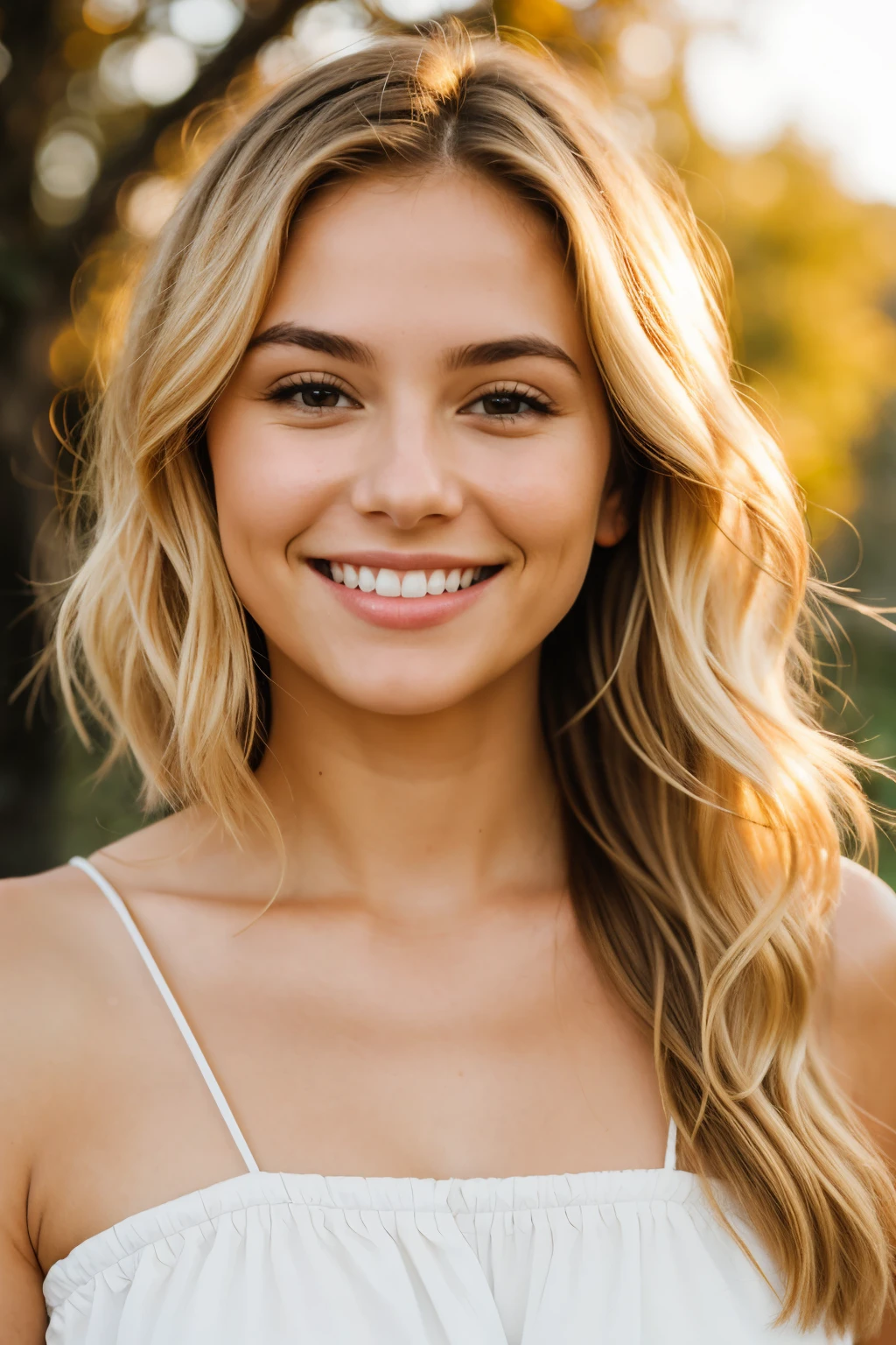 Create a look with shoulder-length wavy blonde hair., naturally smiling (smile:1.2), at golden hour. She&#39;s dressed in casual chic, pink off-shoulder top and high-waisted jeans, sitting in a street cafe with rustic charm. The lighting is warm, gently emphasizing her features. Background: blurred cityscape., creating a depth of field effect. She looks slightly away from the camera, capture the candid, relaxed moment. The image has a soft, Vintage filter for a timeless feel.