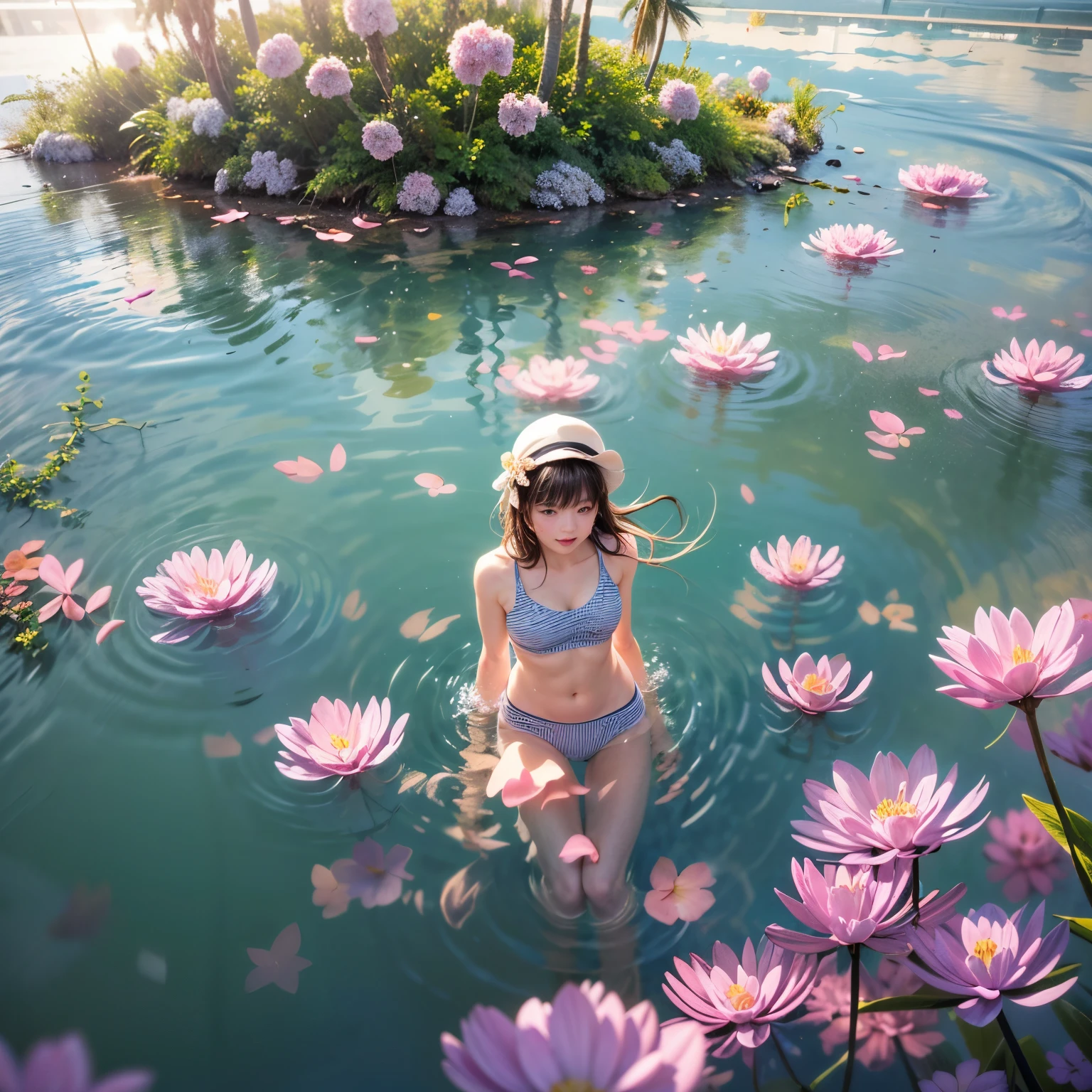 ExtremelyDetailed(ProfessionalPhoto of Girl Floating in the Sky:1.37), 280th floor infinity pool,The tallest building in the urban forest, {Around bonsai|Luo Han Song|coconut palms|tulips|Rose flower}, (Masterpiece 8K TopQuality:1.2), ExtremelyDetailed KAWAII face Eyes BREAK Detailed impeccable Radiant PearlSkin with Transparency (Skinny SchoolSwimwear:1.28) beautiful graceful {HiddenHand|Corrected BabyLikeHand} (Whole Body Proportions and all limbs are Anatomically Accurate), Full of Flowers