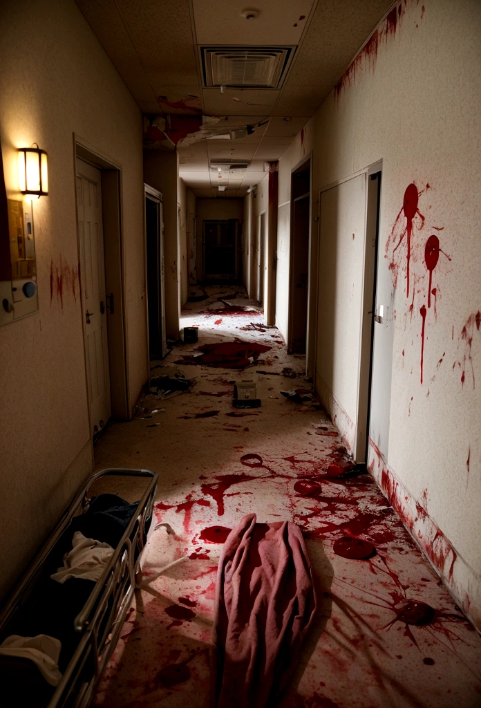 Hospital corridor、Signs of vandalism、The dying light、Very detailed、Props such as a fallen bed、Blood everywhere