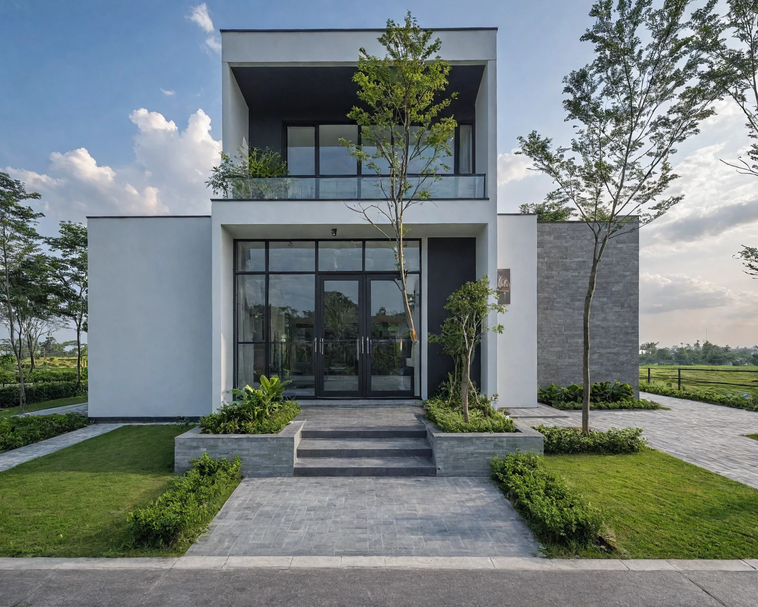 Raw photo, masterpiece, high quality, best quality, realistic, super detailed, outdoor, 2-storey house, modern townhouse style, (white wall), curved wall facade, aluminum interior door glass, curved planter, gray tiled accent wall, gray iron box exterior gate, road, sidewalk, grass, trees, sky, clouds, (daylight):1.1)