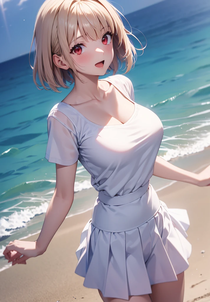 masterpiece,best quality,Arcueid,red eyes,short hair,1 girl,solo,skirt,breasts,looking at viewer,open mouth,white blouse,blue skirt,blouse,outdoor blouse,short blouse,big breasts,pleated skirt ,miniskirt,:d,day,beach,sand,sun,blush,
