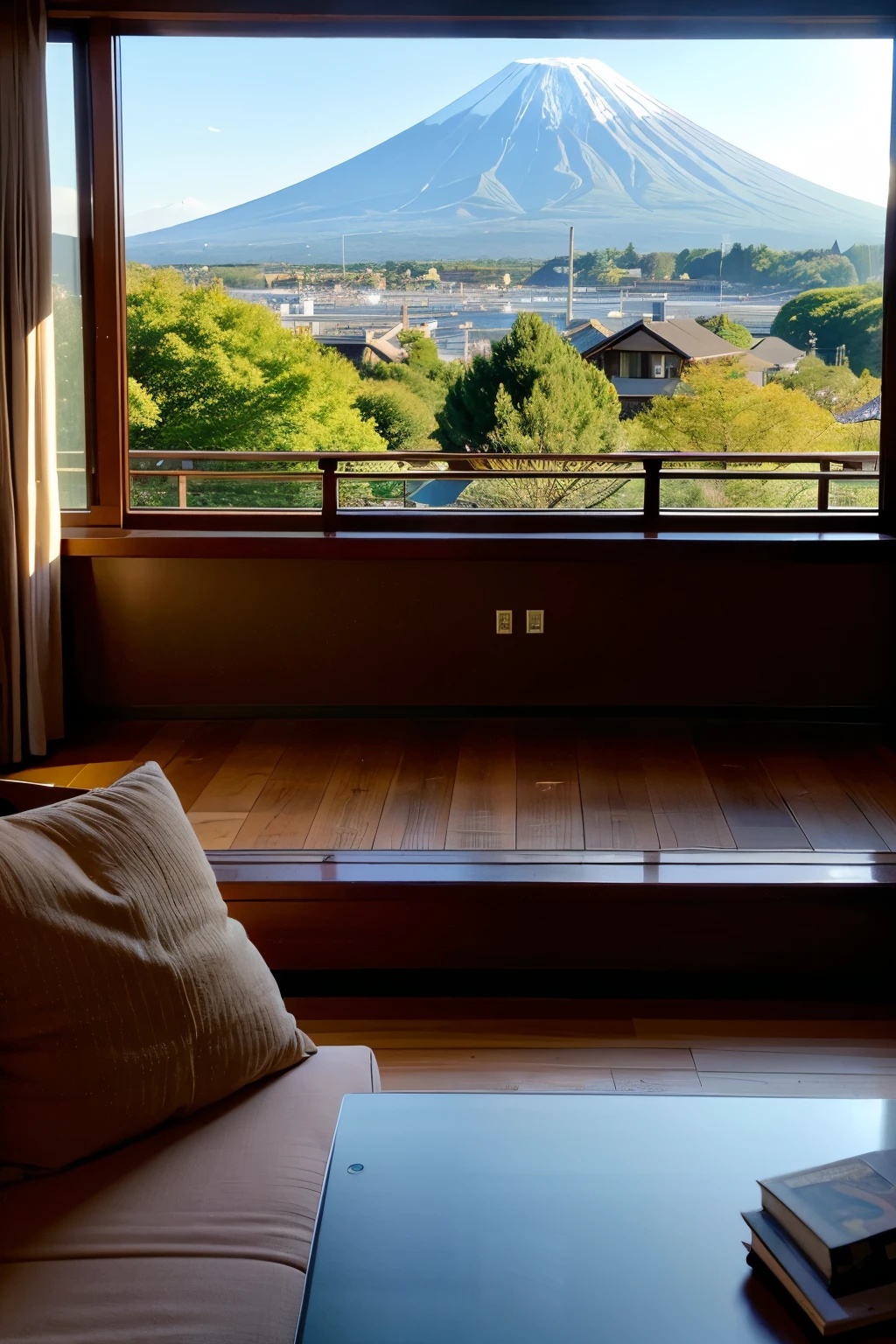 View from the living room、Mt. Fuji outside the window、Luxurious and chic interior、Horizontal angle of view