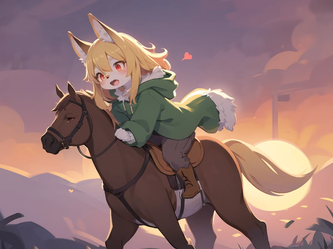 the fox, , was hairy, shaggy, skin fur, smooth lashes, golden fur, forelimb hands, straight long blonde hair, solid circle eyes, golden ears, golden fur, golden facial fur, shiny hair, red eyes, heart-shaped eyes, super cute face, 1fox tail, fluffy tail, furry tail, glowing eyes, green coat green hood down, brown trousers, riding young horse, open mouth, pain face, embarrassed, ambient light, ultra-fine fur, dashed eyes, full body, masterpiece, high quality, high-details, best quality, (((solo))), twilight, sun light, red sky, rim light