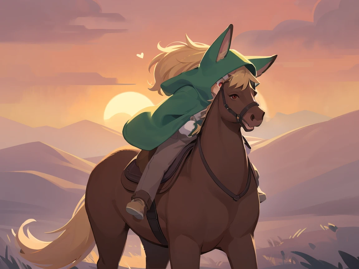  the fox, , was hairy, shaggy, skin fur, smooth lashes, golden fur, forelimb hands, straight long blonde hair, solid circle eyes, golden ears, golden fur, golden facial fur, shiny hair, red eyes,  heart-shaped eyes, super cute face, 1fox tail, fluffy tail, furry tail, glowing eyes, green coat green hood down, brown trousers, riding young horse, open mouth, pain face, embarrassed, ambient light, ultra-fine fur, dashed eyes, full body, masterpiece, high quality, high-details, best quality,  (((solo))), twilight, sun light, red sky, rim light