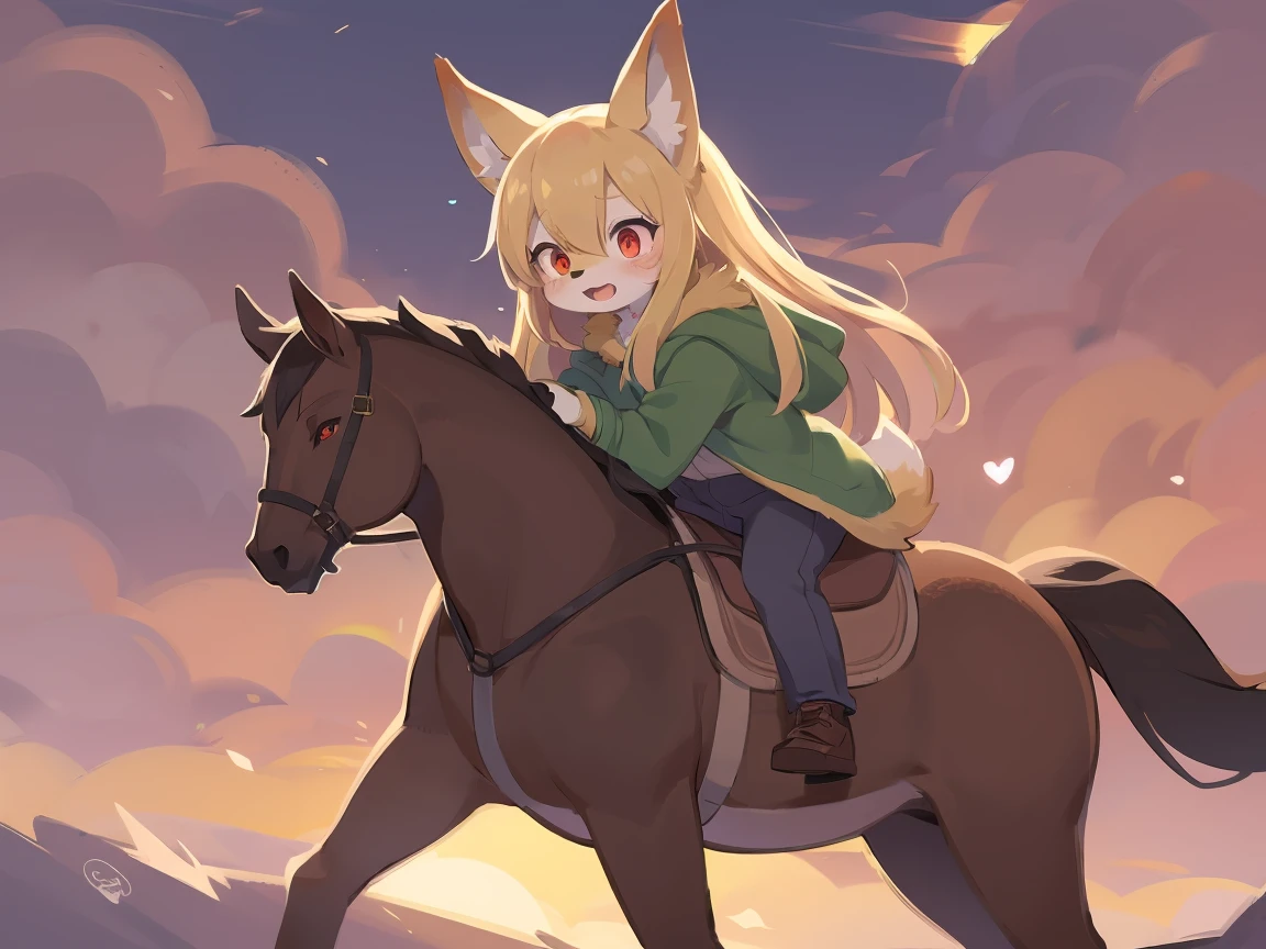 the fox, , was hairy, shaggy, skin fur, smooth lashes, golden fur, forelimb hands, straight long blonde hair, solid circle eyes, golden ears, golden fur, golden facial fur, shiny hair, red eyes, heart-shaped eyes, super cute face, 1fox tail, fluffy tail, furry tail, glowing eyes, green coat green hood down, brown trousers, riding young horse, open mouth, pain face, embarrassed, ambient light, ultra-fine fur, dashed eyes, full body, masterpiece, high quality, high-details, best quality, (((solo))), twilight, sun light, red sky, rim light