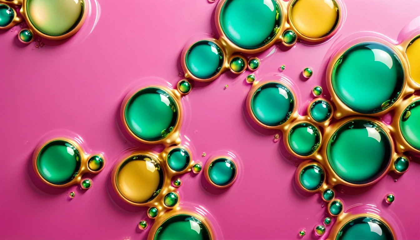 vibrant colored bubbles on a glossy pink, green and golden surface