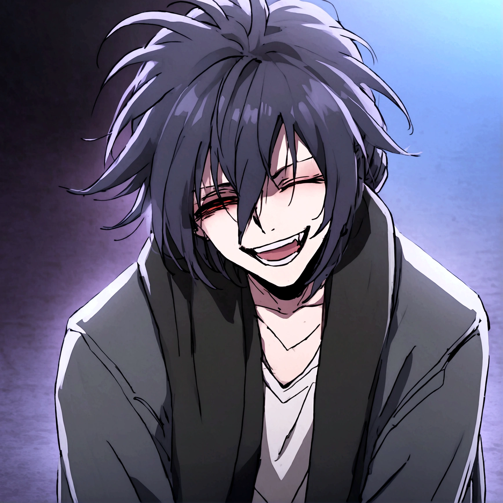 Anime man, psychopathic smile, blood stain on black trenchcoat clothing, black pants, black mega long scarf, black messy hair, hair bun, closed right eye, left eye glowing red, horror, white shirt with blood stains, terrifying will to commit malice