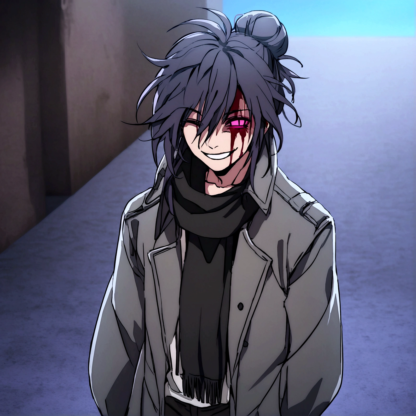 Anime man, psychopathic smile, blood stain on black trenchcoat clothing, black pants, black mega long scarf, black messy hair, hair bun, closed right eye, left eye glowing red, horror, white shirt with blood stains, terrifying will to commit malice