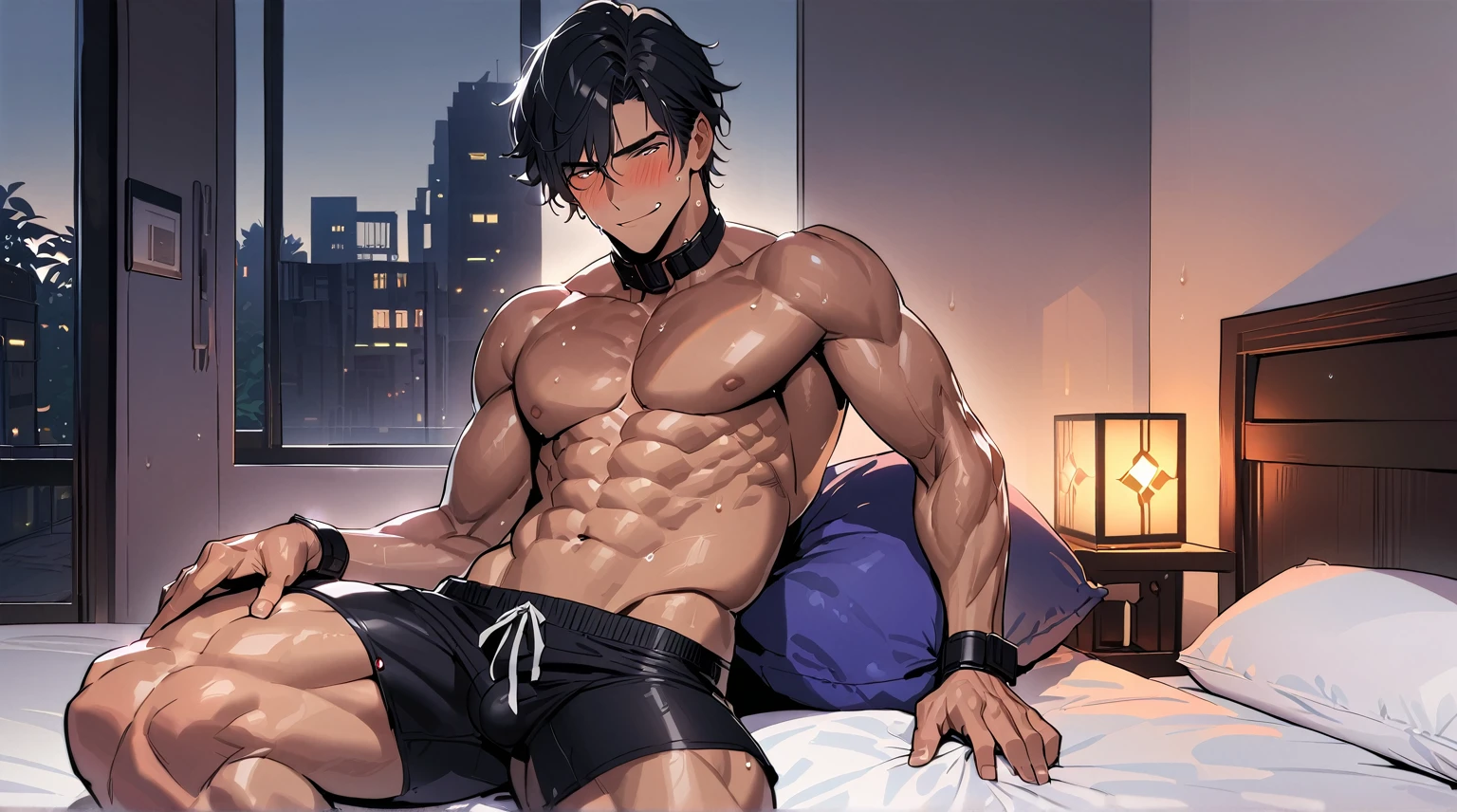 (absurd, high resolution, Extremely detailed),1 man, Mature and handsome man, Blushing smile，Seductive expression, Solitary, muscular, Muscle Man, High target, handsome guy, Big biceps, Abdominal muscles, thigh, Broad shoulders, Open the chest,Big bulge, Black short hair,sweat, Sweaty hair, Shirtless, Sit on the bed and relax, Black shorts, Viewers Watching, high resolution:1.2, best quality, Upper body shooting, Flat style, Ambiguous room background, Low photographic angle, Volumetric Lighting, Depth of Field, shadow,Romantic environment