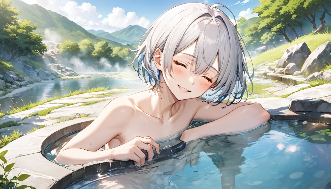panoramic, (relax bathing style) (a 16 yo, crew cut silver hair very short hair divine fighter boy, cool closed eyes, smile, flat chest), break, (in the very large:1.5 natural hot spring, background nature), BREAK, perfect anatomy, masterpiece, best quality, 16k, beautiful detailed hot spring, daydreaming expression.