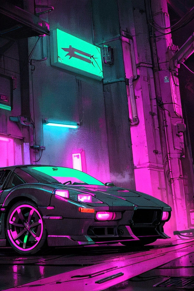 Car parked in garage with neon lights, Cyberpunk garage on Jupiter, Cyberpunk atmosphere, Cyberpunk atmosphere, Cyberpunk art style, Cyberpunk atmospheres, New futuristic Cyberpunkn, Cyberpunk setting, Cyberpunk with neon lighting, New futuristic Cyberpunk, Vibrant cyberpunk colours, Neon cyberpunk, Cyberpunk aesthetics, By mike "Whistle" Winkelman, Neon cyberpunk, dark Neon cyberpunk atmosphere