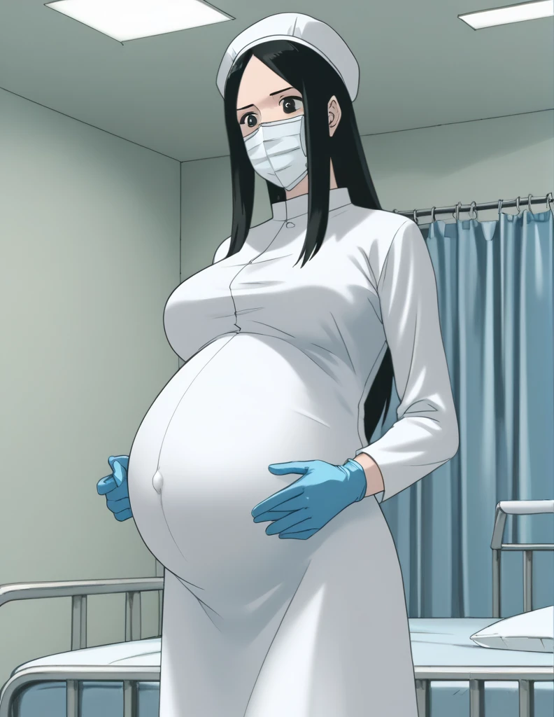 score_9,  score_8_up, score_7_up, source_anime, raw image, masterpiece, highest quality, kasuganoray, pale skin, shy eyes, long black hair, big breasts, see tits, scrubs, surgical mask, surgical cap, long sleeve maternity dress, seamless, tits, navel head, 
1girl, pregnant, solo, rubber gloves, looking down, furrowed brow, hospital bed, light shines from the ceiling, standing