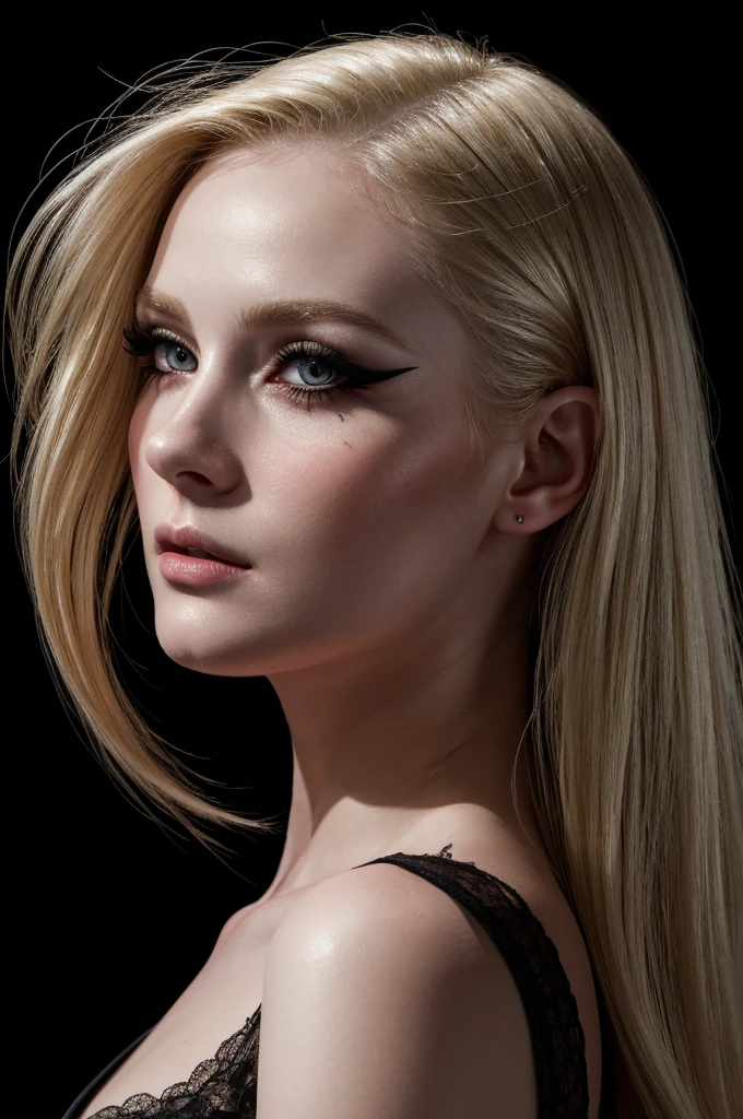 woman pretty, blonde,slick-blonde-back hair ,,eyeliner,portrait,no-makeup ,full body, makeup ,pale woman painting, eyeliner wonderful highly detailed masterpiece, beautiful light deep focus, elegant, digital painting, smooth, dramatic lighting, ultra realistic, 8k, art , black background,black background, black wallpaper
