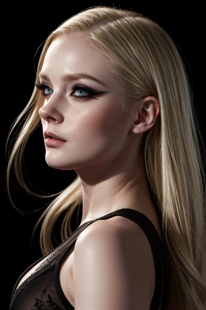 woman pretty, blonde,slick-blonde-back hair ,,eyeliner,portrait,no-makeup ,full body, makeup ,pale woman painting, eyeliner wonderful highly detailed masterpiece, beautiful light deep focus, elegant, digital painting, smooth, dramatic lighting, ultra realistic, 8k, art , black background,black background, black wallpaper