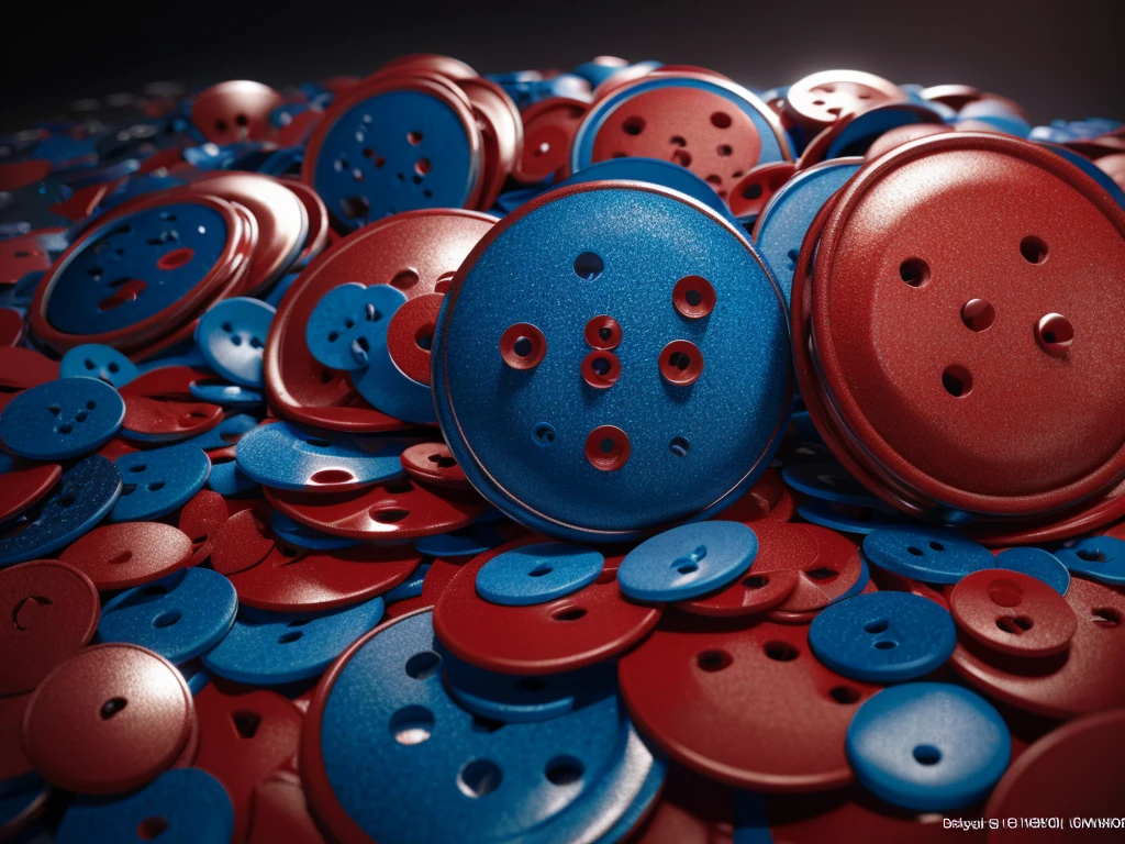 A beautiful red and blue buttons, photorealistic, 3D render, highly detailed, intricate design, glossy surface, metallic finish, reflective, studio lighting, cinematic composition, dramatic shadows, vibrant colors, exceptional clarity, (best quality,4k,8k,highres,masterpiece:1.2),ultra-detailed,(realistic,photorealistic,photo-realistic:1.37)