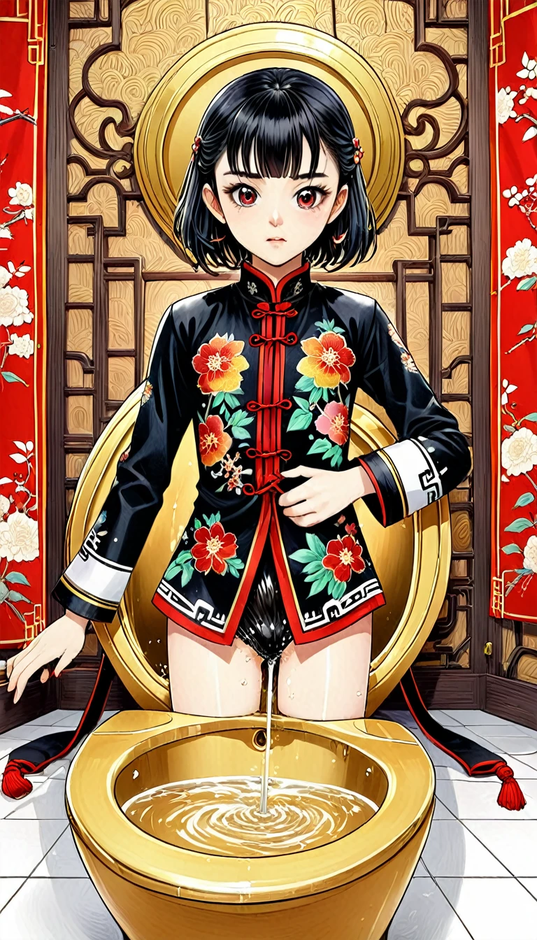 A tragic historical drama in 8k live-action style: Beautiful palace secrets　Beautiful  Chinese Kung Fu girl princess with short black hair　Gorgeous embroidery, Ultra glossy, She is wearing a shiny red top and bottom long sleeve floral pajama kung fu suit....　　She poops in a golden toilet