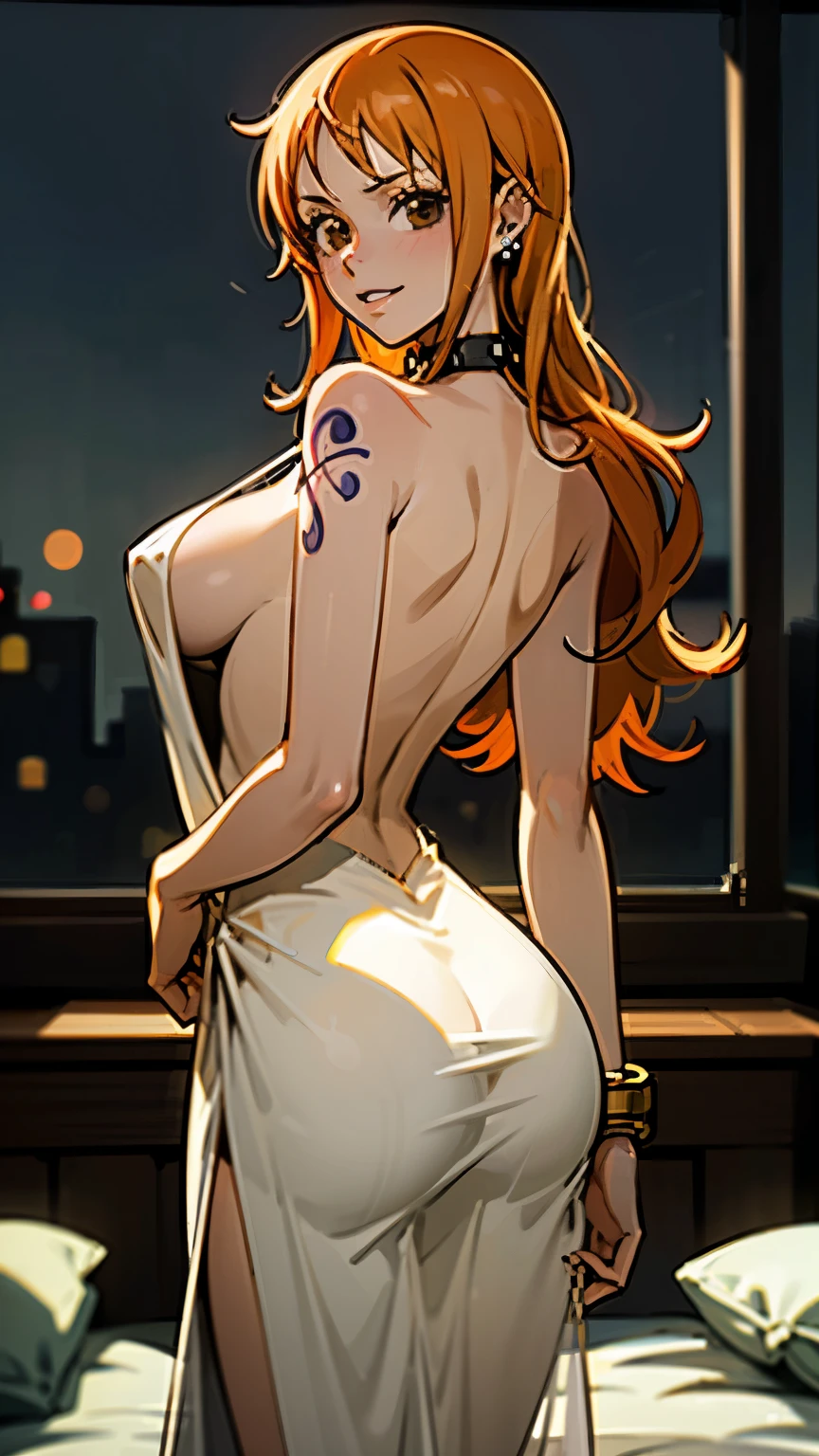 masterpiece, best quality, ultra-detailed, 1girl (namiop, sexual slavery of old man,Big and pretty breasts,naked body, jewelry, earrings, dog collar(chains), orange hair,long hair, brown eyes, ), a shallow face, wicked smile, , parted lips, facing viewer, looking at viewer, solo, nude, see-through nightgown, cleavage, sideless, wanostyle, night time, back lighting, in the bedroom, slave , standing, Sexy waist teasing, come-on, lure , seductive pose , from_below ,