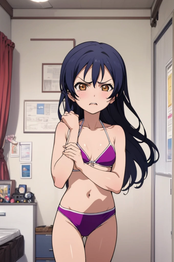 (masterpiece, best quality), 1girl, umi sonoda,bikini,my room,angry,(((poor)))