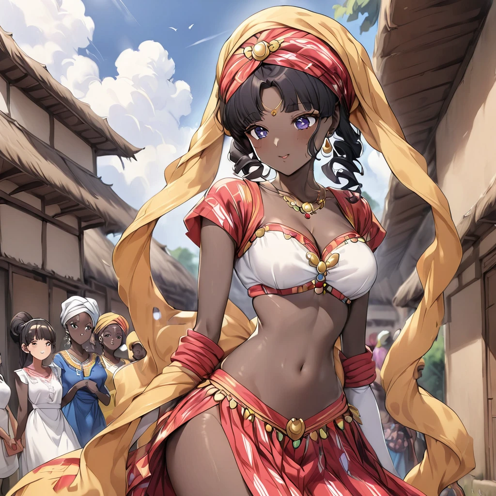 ((Highest quality)), ((masterpiece)), (detailed), (Perfect Face)、The woman is a Ghanaian born Tsukino Usagi with a vivid dark skin, black by birth, and is wearing a colorful Ghanaian dress from a Ghanaian village, a colorful turban head scarf, gorgeous jeweled accessories, and an engagement ring.、The woman is the elegant Tsukino Usagi, with short, black afro-like hair and natural curls, wearing a colorful Ghanaian dress and a colorful turban headscarf, with vivid dark brown skin, and is a natural black and Ghanaian by birth.、(The woman is a black Ghanaian with vivid dark brown skin.)、The woman is spending time with other village girls in her village in Ghana.