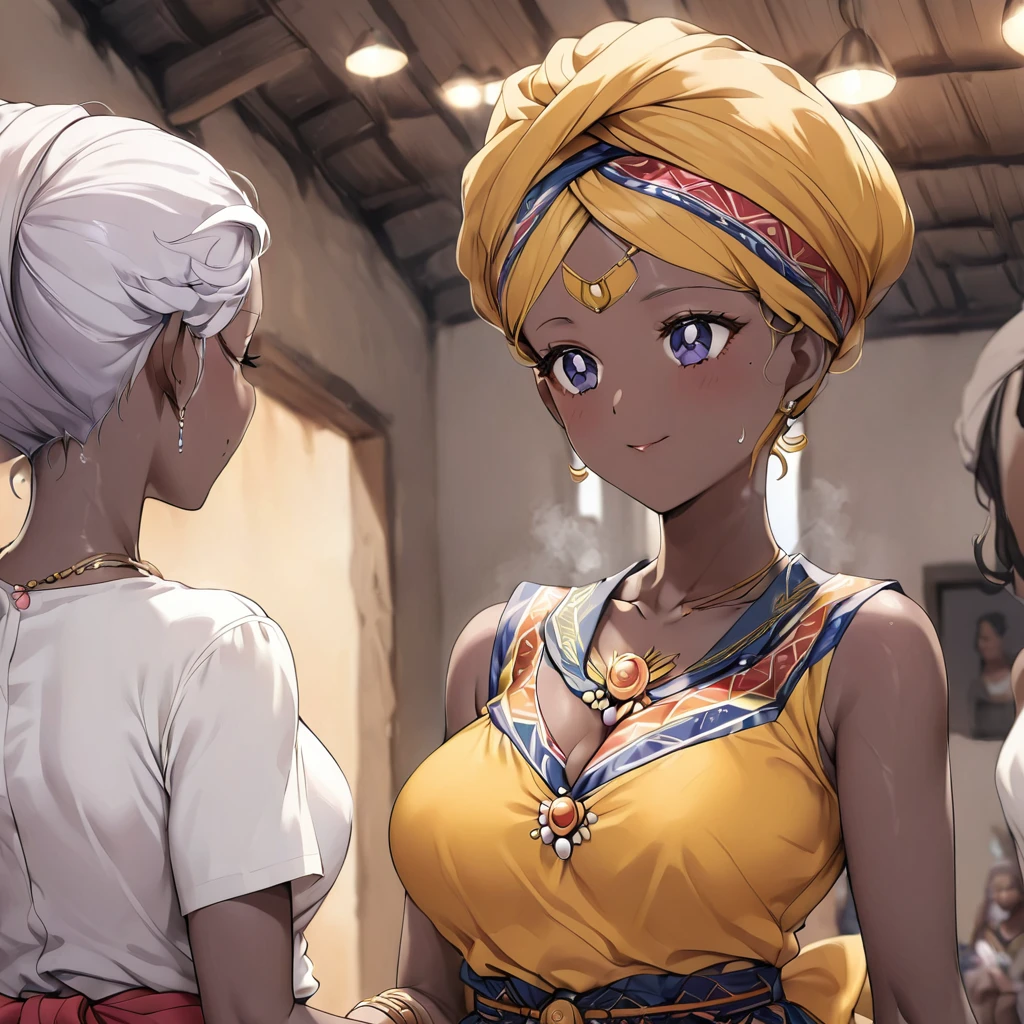 ((Highest quality)), ((masterpiece)), (detailed), (Perfect Face)、The woman is a Ghanaian born Tsukino Usagi with a vivid dark skin, black by birth, and is wearing a colorful Ghanaian dress from a Ghanaian village, a colorful turban head scarf, gorgeous jeweled accessories, and an engagement ring.、The woman is the elegant Tsukino Usagi, with short, black afro-like hair and natural curls, wearing a colorful Ghanaian dress and a colorful turban headscarf, with vivid dark brown skin, and is a natural black and Ghanaian by birth.、(The woman is a black Ghanaian with vivid dark brown skin.)、The woman is spending time with other village girls in her village in Ghana.