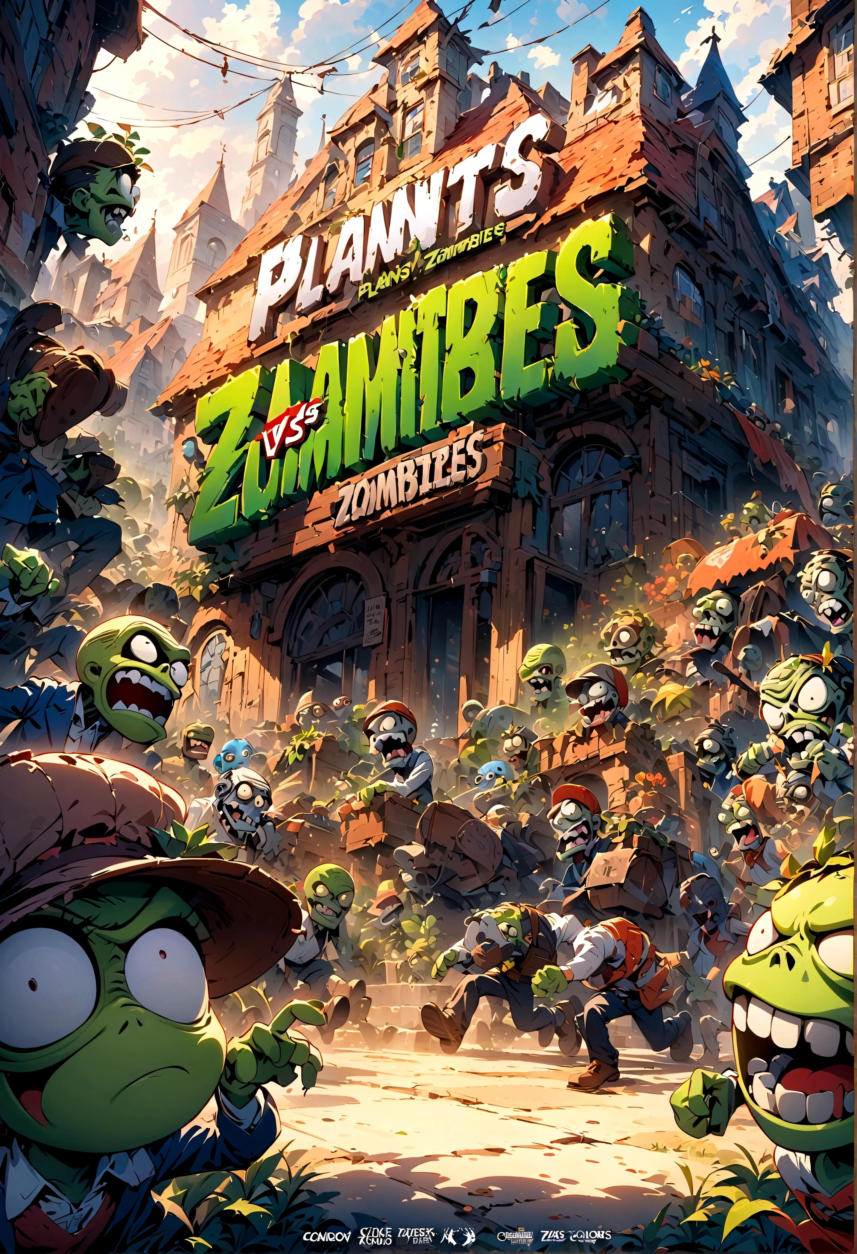 masterpiece, top quality, best quality, official art, beautiful and aesthetic, game poster, Plants vs. Zombies, text saying "Plants Vs Zombies",extremely detailed