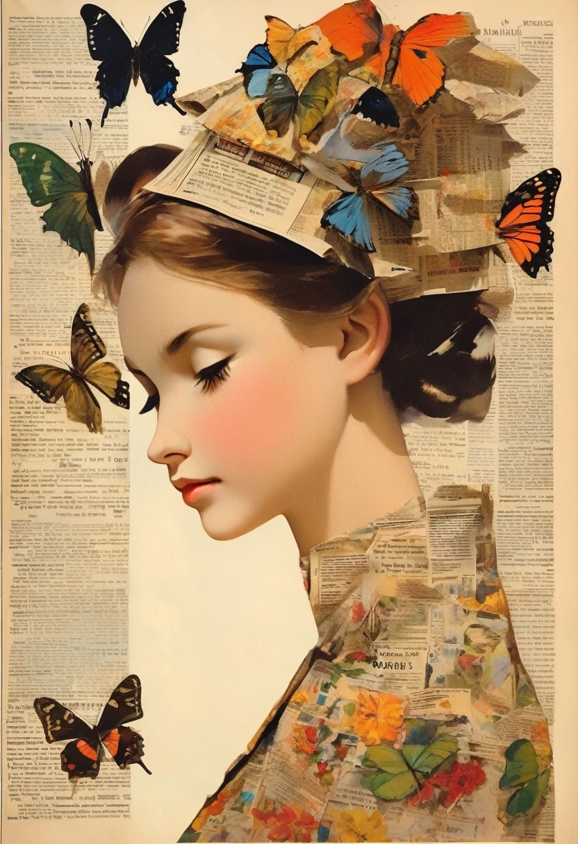 Side view girl, Solitary, Wearing a magazine cover dress, Delicate facial features and long eyelashes, A butterfly landed on her head, There were newspaper clippings all around.. Girl&#39;s face with realistic details, Bright colors，Clear focus. The overall image is a high-resolution masterpiece, Suitable for magazine cover. The art style is a mix of photography and concept art. Bright and eye-catching colors. The lighting is studio style, Soft lighting. Tips also include text and barcodes commonly found on magazine covers.